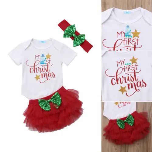 Emmababy Рождественский комбинезон для новорожденных девочек с надписью «My First Christmas»+ Красные кружевные тюлевые штаны, комплекты одежды