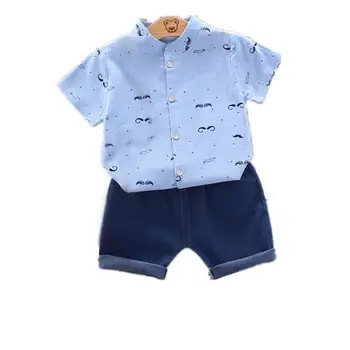 

DishyKooker 2Pcs/set Boy Baby Suit Cartoon Shirt + Shorts Beard Stand Collar Short Sleeve for 0 - 3 Years Old