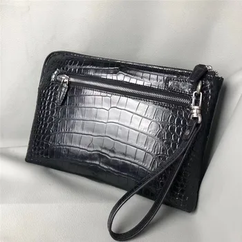 

Authentic Real Crocodile Belly Skin Men's Black Clutch Purse Man Wristlets Bag Genuine Alligator Leather Male Large Card Holders