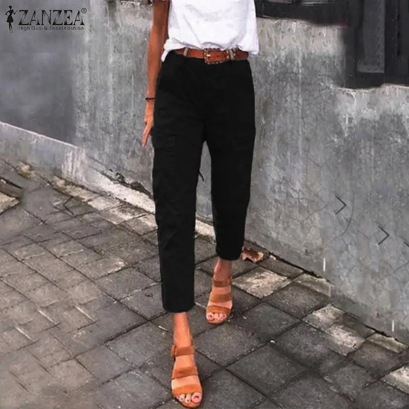 Женские модные брюки карго Pantalon ZANZEA 2019 Осенние рабочие комбинезоны с карманами повседневные однотонные хлопковые укороченные брюки на