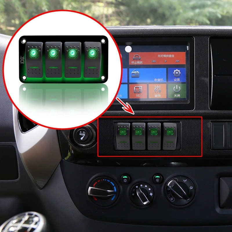 12V-24V 4 Gang green Rocker Switch Panel Circuit Breaker Boat Marine Waterproof