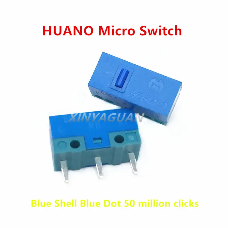 HUANO-microinterruptor de larga vida, 80 millones de clics, carcasa azul, punto blanco/azul/rosa, ratón de ordenador, botón de 3 pines, interruptor silencioso, 10 unidades por lote