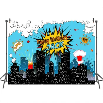 

Neoback Happy Birthday Photographic Background for Photo Shoots Super Hero Theme Party Pattern Custom Background for Photo