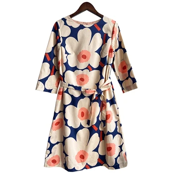 

Hot Big Floral Printed Women Dress 2020 Spring Summer O Neck Three Quarter Sleeve Female Elegant A-line Loose Dress With Sashes