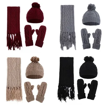 

Women's Rhombus Twist Knitted Wool Scarf Hat Gloves Set Three-piece Winter Warm Set