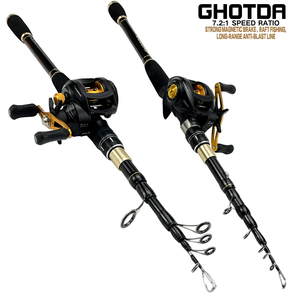 

GHOTDA Portable Travel Fishing Combo 1.6-2.4m Casting Spinning Lure Fishing Rod and 17+1BB Baitcasting Reel Combo