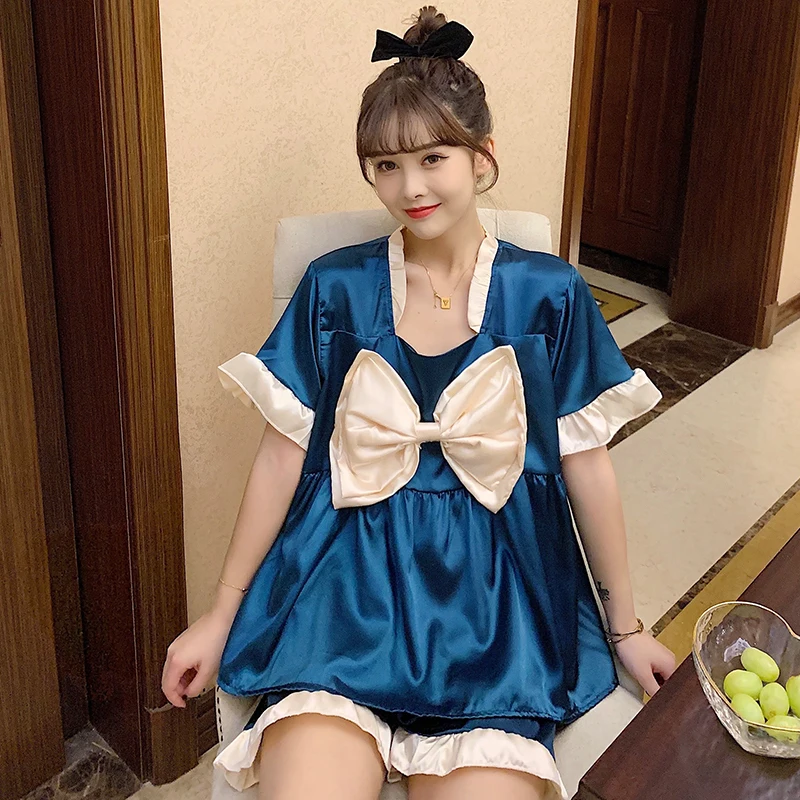 Pajamas Sets Women Pleated Ruffles Bow Night Suit Sleepwear Sweet Girls Stylish Elegant Loose Kimono Style Ulzzang Nightwear