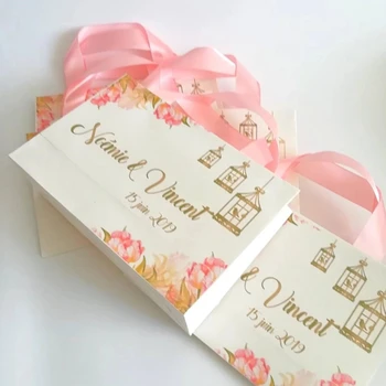 

Personalized Ivory paper bag with in light pink 8 x 5.5 x 2.75 inches Wedding welcome Paper bags cutom for party paper bags