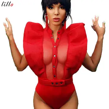 

2019 hot sale explosions mesh jumpsuit women's jumpsuit sexy ruffled one-piece shorts button with belt high quality jumpsuit