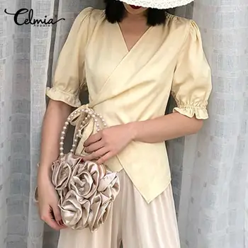 

Stylish Tops Celmia Women Summer Half Sleeve Sexy V-neck Ladies Shirts Lace Up Casual Solid Elegant Irregular Hem Party Blusas 7