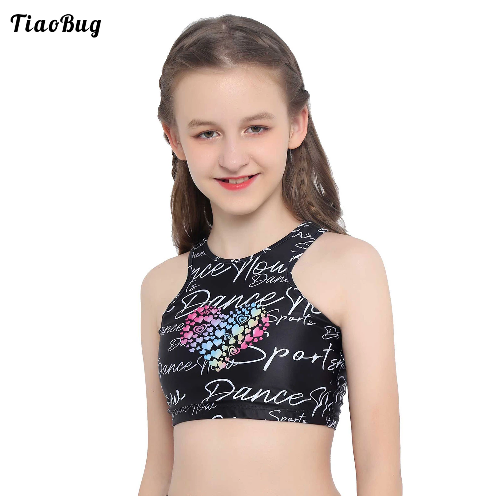 Fashion Summer Kids Girls Sport Tanks Sleeveless Letters And Heart Shaped Printed Crop Top Yoga Vest For Fitness Running Jogging