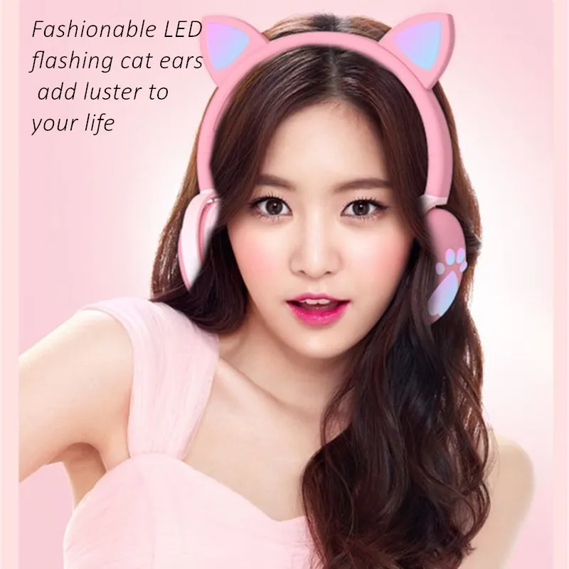 Shoumi Wireless Headphones Glowing LED Cat Ear Paw Christmas Girls Gift Kid Bluetooth Headset Stereo Bass 3 5 Headphone With Mic