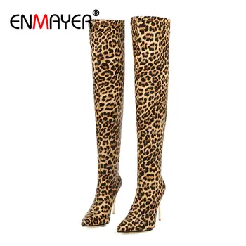

ENMAYER 2019 Thigh High Boots Basic Pointed Toe Sexy Leopard Grain Thin Heels Stretch Fabric Over-the-Knee Womens Boots 34-43