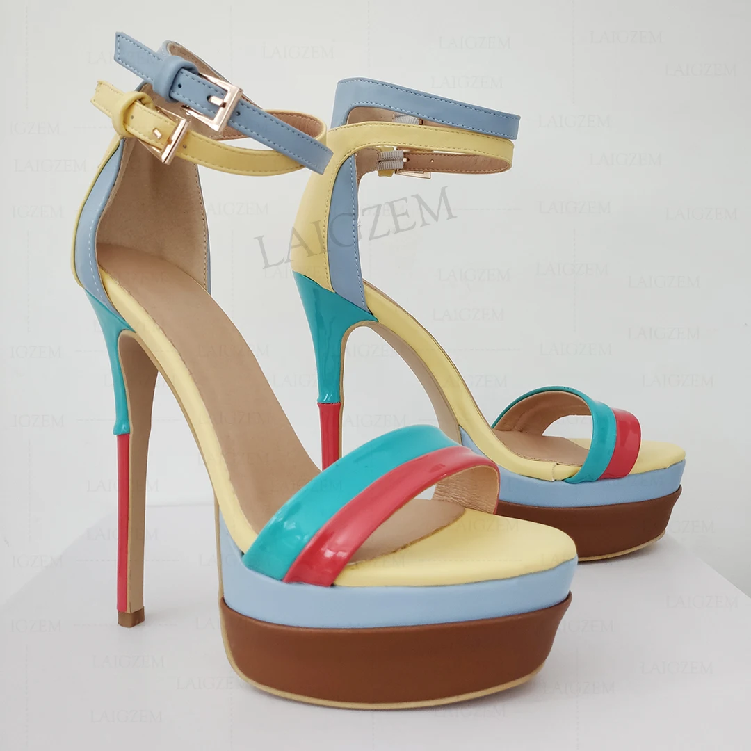 

LAIGZEM SUPER Women Platform Sandals Rainbow Colorful Thin Heels Pumps Ladies Party Wedding Shoes Woman Plus Size 41 44 50 52