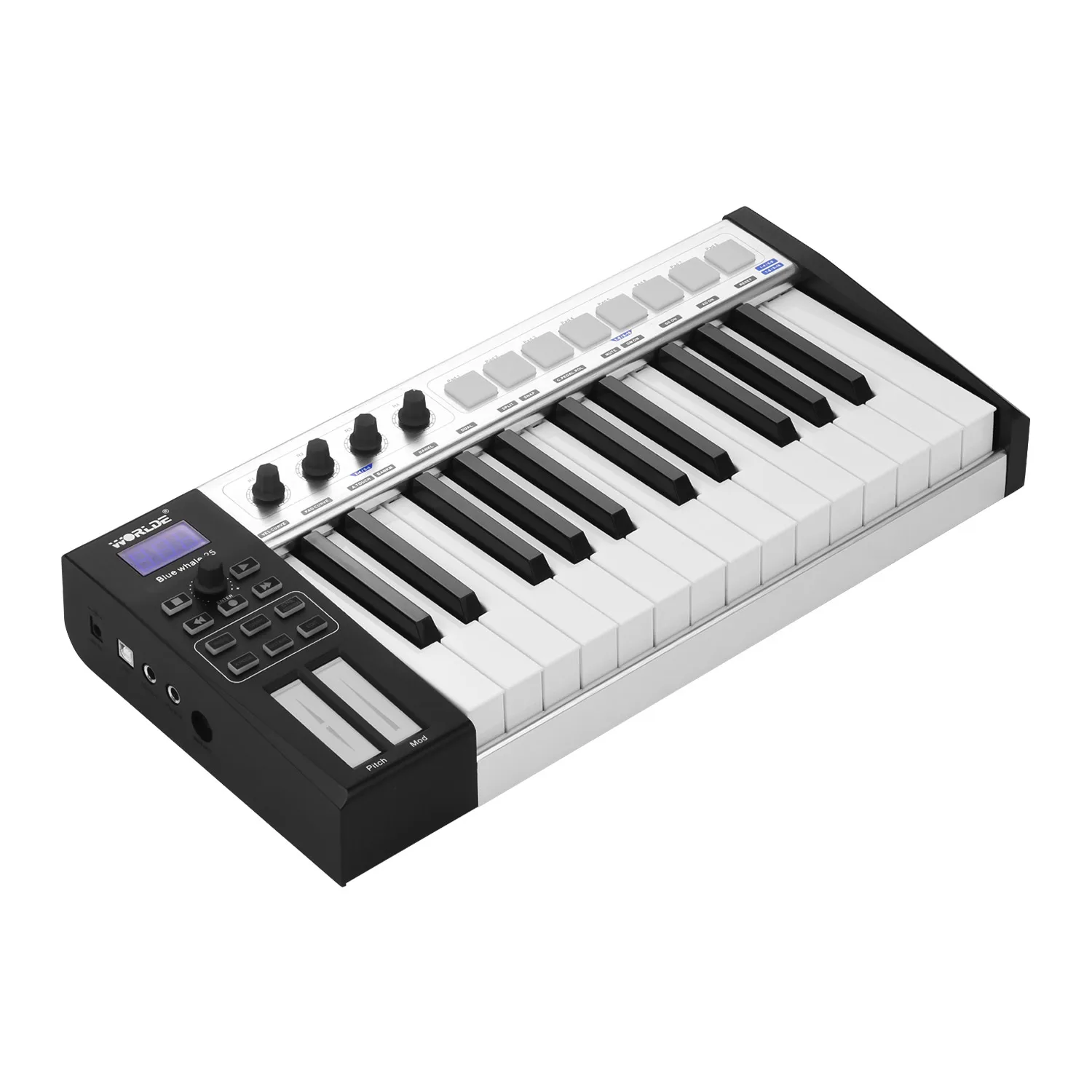 WORLDE Blue whale 25 Портативный USB MIDI контроллер клавиатуры 25 полу-взвешенные клавиши триггерные подушки светодиодный дисплей с USB кабелем