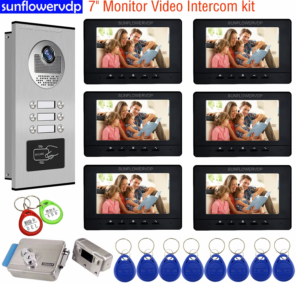 

2-6 Monitors Video Door Phone 7 inch Video Intercom Black/White Rfid Intercom To The Apartments Doorbell +Electronic Door Lock