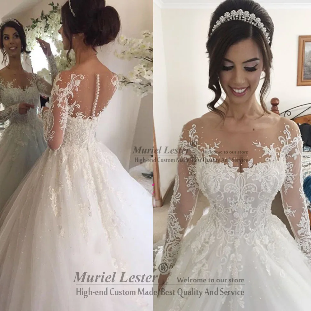 Elegant Long Sleeves Wedding Dresses Ball Gown Bride Dress See Through Skin Tulle Bridal Gowns Lace Appliques Vestidos De Novias casual wedding dresses