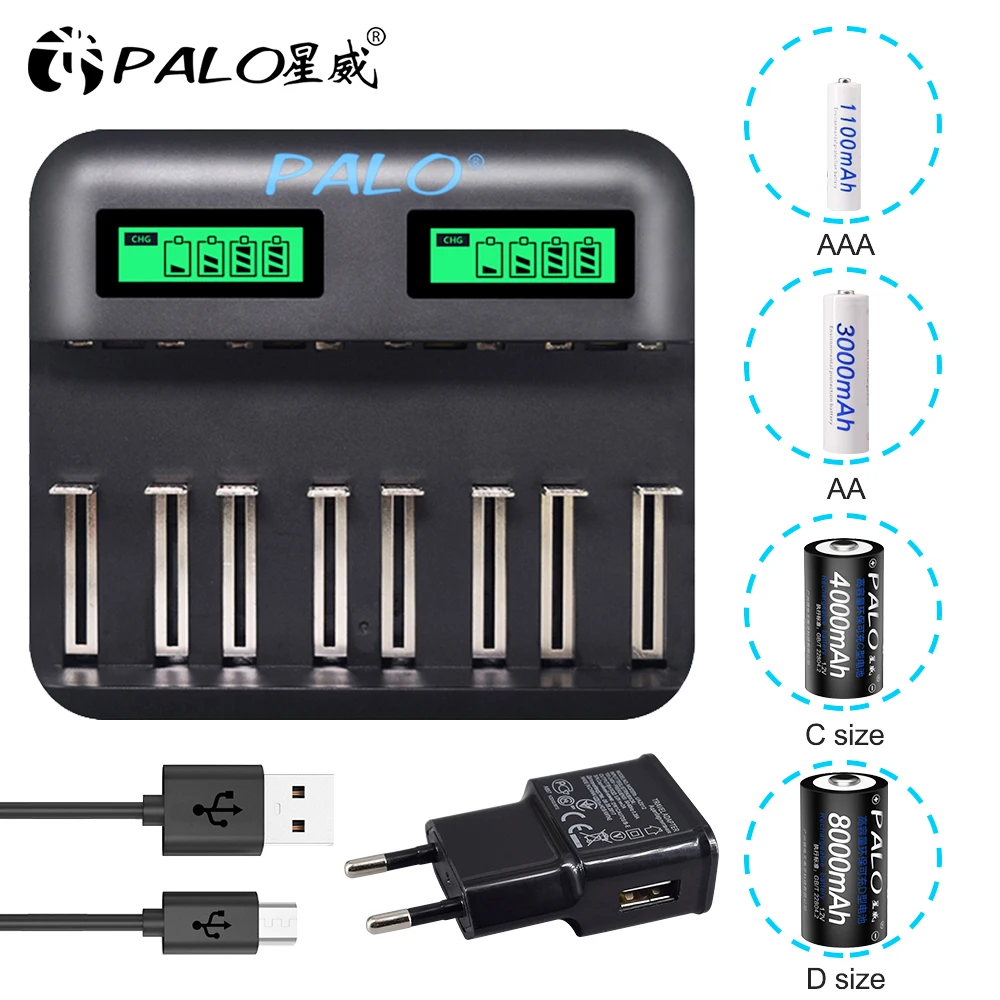 Зарядное устройство USB 8 слотов для AA AAA 2A 3A Sc C D размера аккумуляторная батарея ЖК дисплей Usb быстрая зарядка 1