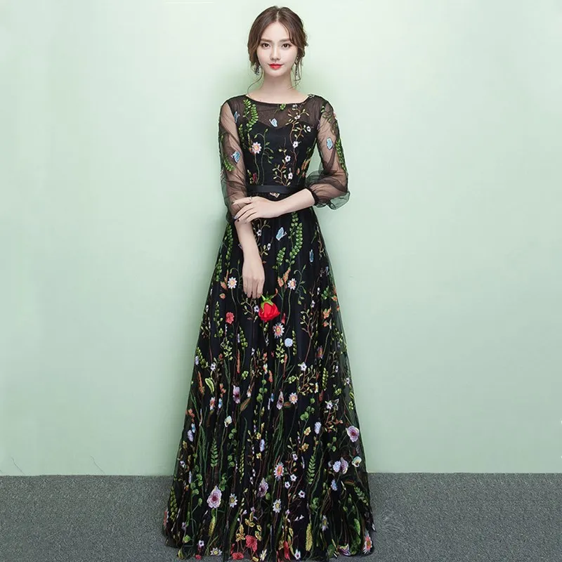 Элегантное Черное цветочное с длинным рукавом Аппликация вечернее платье длина до пола молния сзади Иллюзия Формальные Выпускные платья