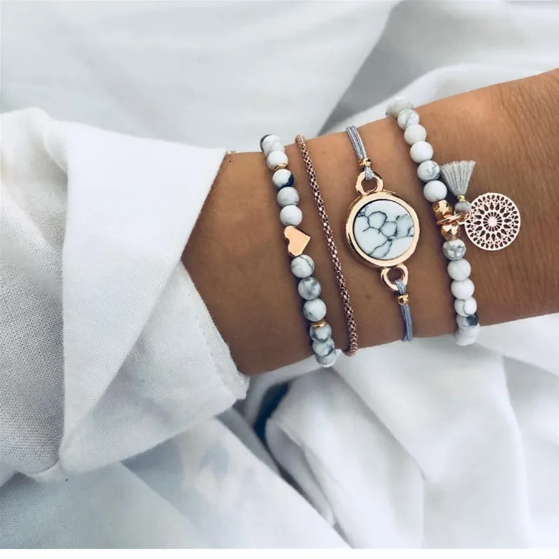 

Trendy Heart Beaded Tassel Pattern Stone Braided Bracelets & Bangles For Women Fashion Golden Link Chain Bracelets Boho Bijoux