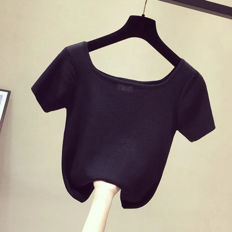 

Women Square Collar T-Shirt Summer Solid Color Loose Short Sleeve Casual Simple Wild Silm T-Shirt 4 Color Rk