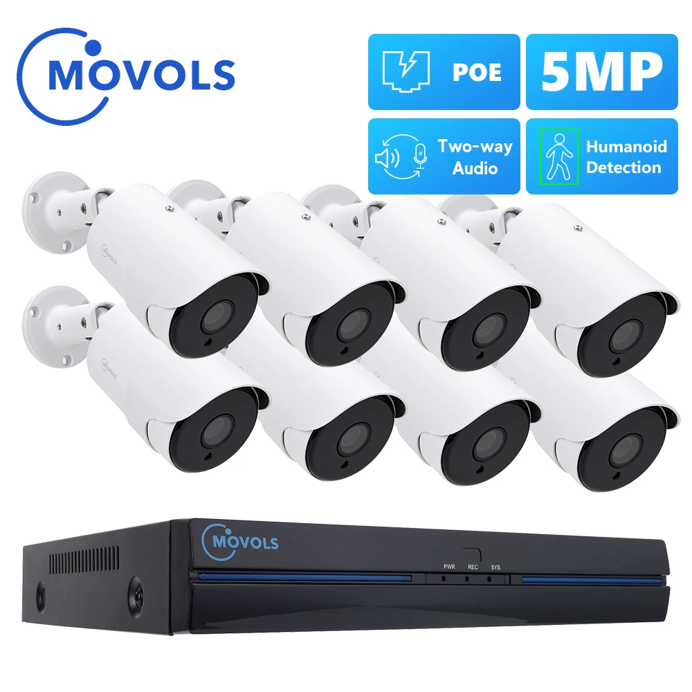 MOVOLS 8CH 5MP POE AI CCTV Camera Security System Kit Two Way Audio Outdoor 5MP IP Camera H.265 P2P Video Surveillance NVR Set
