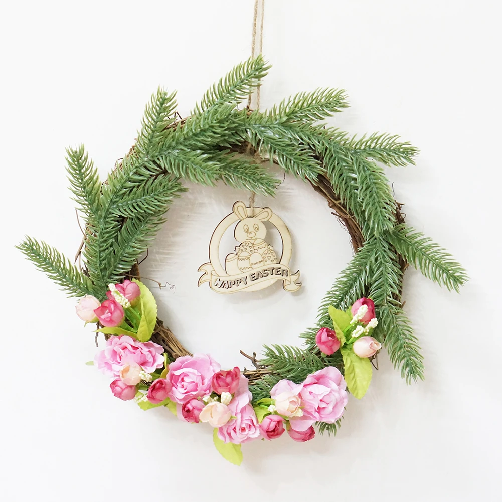 

Easter Wooden Rabbit Rattan Wreath Artificial Garland Home Wall Hanging Ornament Door Pendant Photography Prop Party Supplies