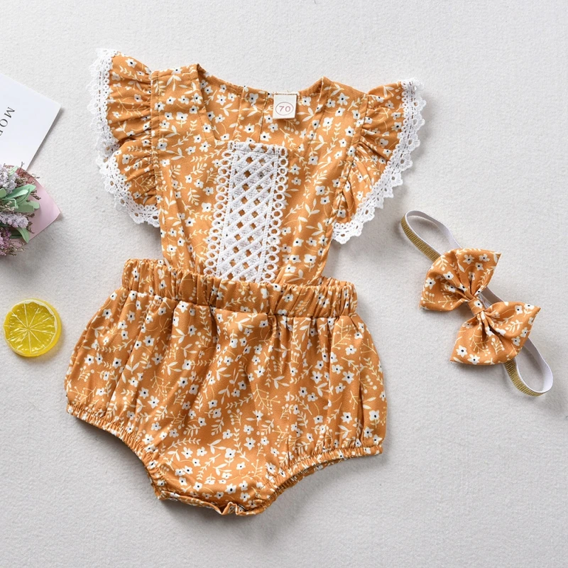 

Summer Newborn Girls Rompers Set Flare Sleeve Floral Print Lace Design Romper Jumpsuit With Headband Two-Pieces 2020