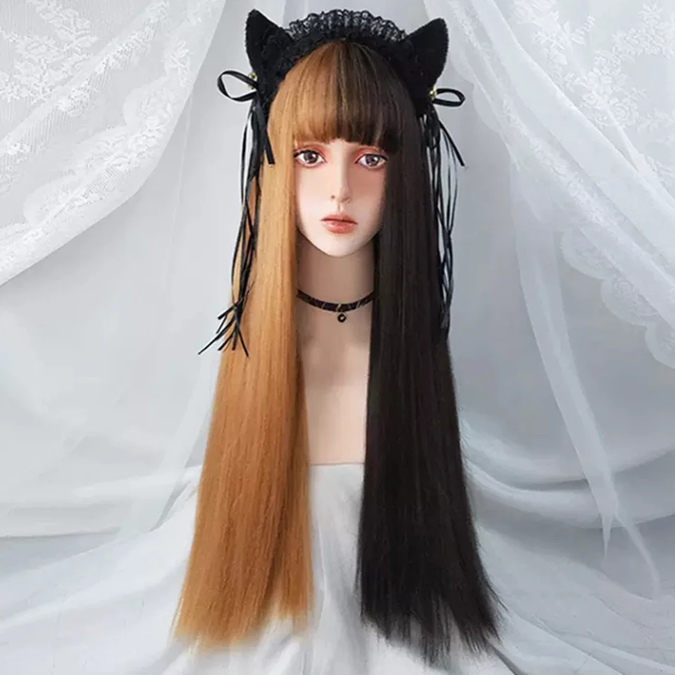 Buqi Long Straight Black White Wig With Bangs Synthetic Wigs For Women  Yellow Pink Blue Heat Resistant Lolita Cosplay Wigs - Synthetic Wigs(For  Black) - Aliexpress