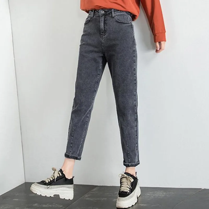 Бренд свободный, в Корейском стиле джинсы бойфренд брюки для женщин джинсовые шаровары с высокой талией мама Винтаж джинсы брюки синий черный