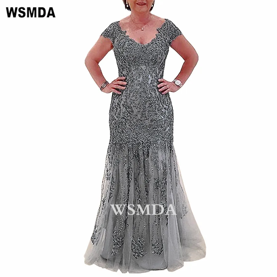 Mother Bride Dresses Lace V-Neck Illusion Back Wedding Party Formal Evening Dress