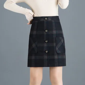 

Women Luxurious High Waist Woolen Skirt Autumn Winter Black Plaid Korean Professional Ofiice Lady Business Casual Skirt