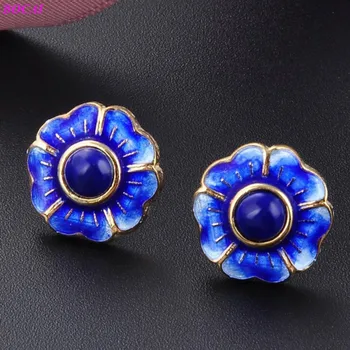 

BOCAI S925 pure silver Cloisonne Earrings female ethnic style retro lapis lazuli South Red Earrings craft enamel color jewelry