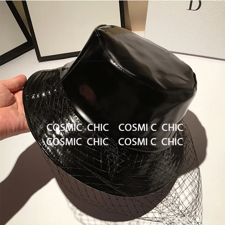 Cosmicchic, осенне-зимняя женская черная кожаная Панама, шапка в рыбацком стиле с надписью внутри, подиумная дизайнерская сетчатая Панама, Мужская кепка