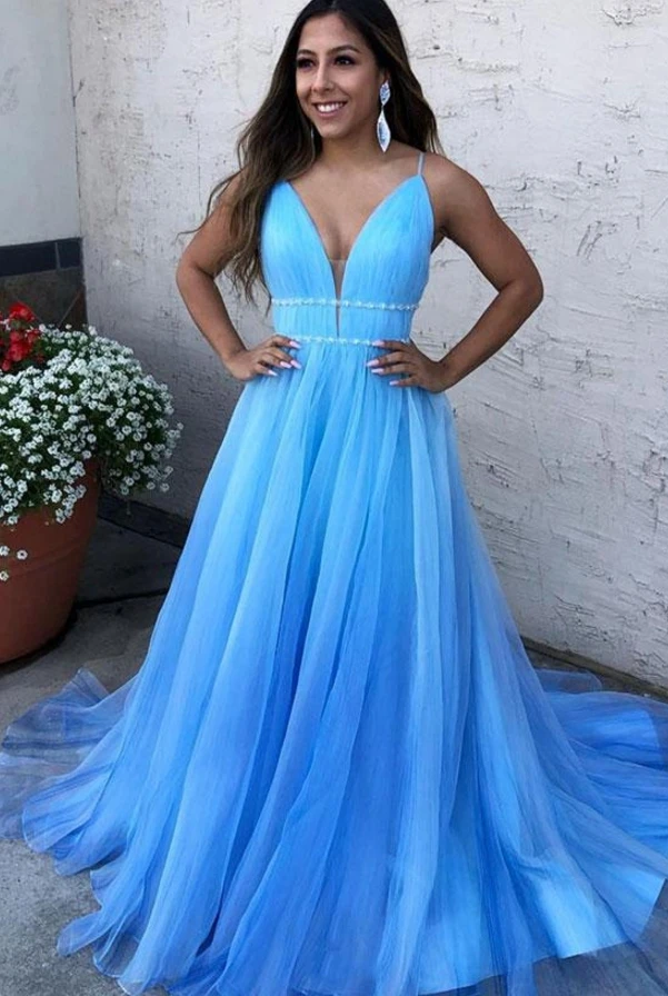 Spaghetti Strtap cuello en V vestido azul para graduación De tul cuentas Vestidos Graduacion Largos 2019 Vestidos De Gala|Vestidos de graduación| -