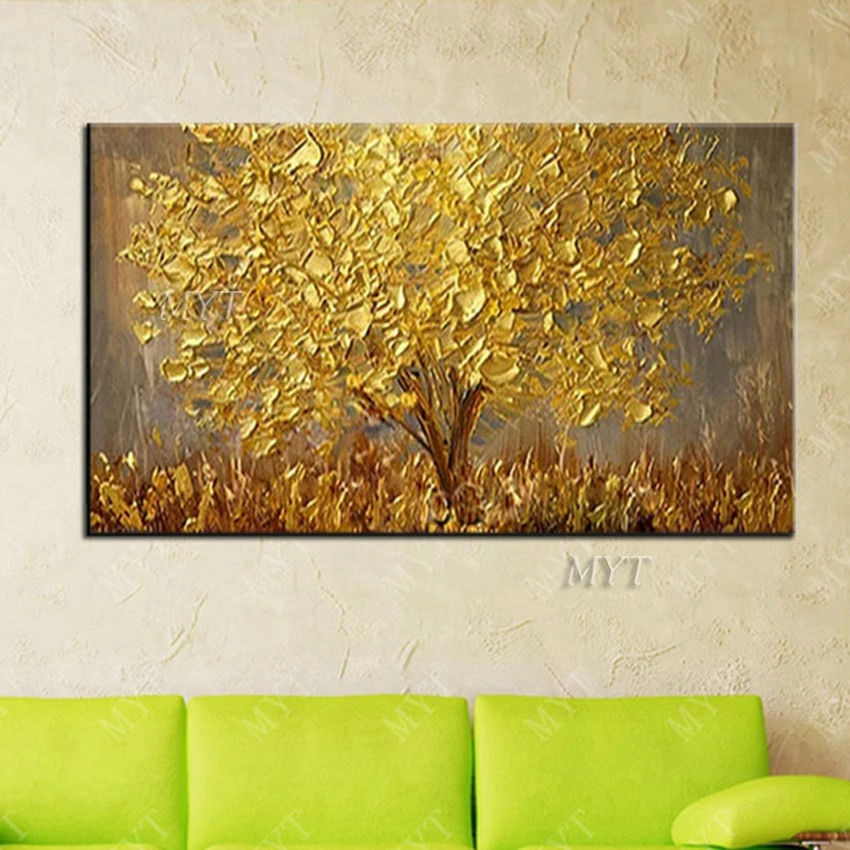 Kaufen Unframed Hand Gemalt Messer Gold Baum Ölgemälde Auf Leinwand Große Palette 3D Gemälde Für Wohnzimmer Moderne Abstrakte Wand kunst