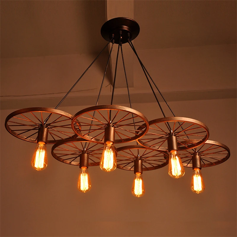 

Nordic Loft Retro Industrial Lamp Bar Restaurant American Country Wrought Iron Single Wheel Led Chandelier Dinning Room Lights
