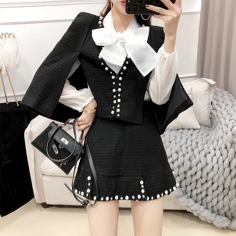 Preise Runway Tweed Frauen 3 Stück Set Neue Herbst Winter Sicken Wollen Mantel Kurz Mantel + Mesh Weiß Bogen Shirt + mini Meerjungfrau Rock Set