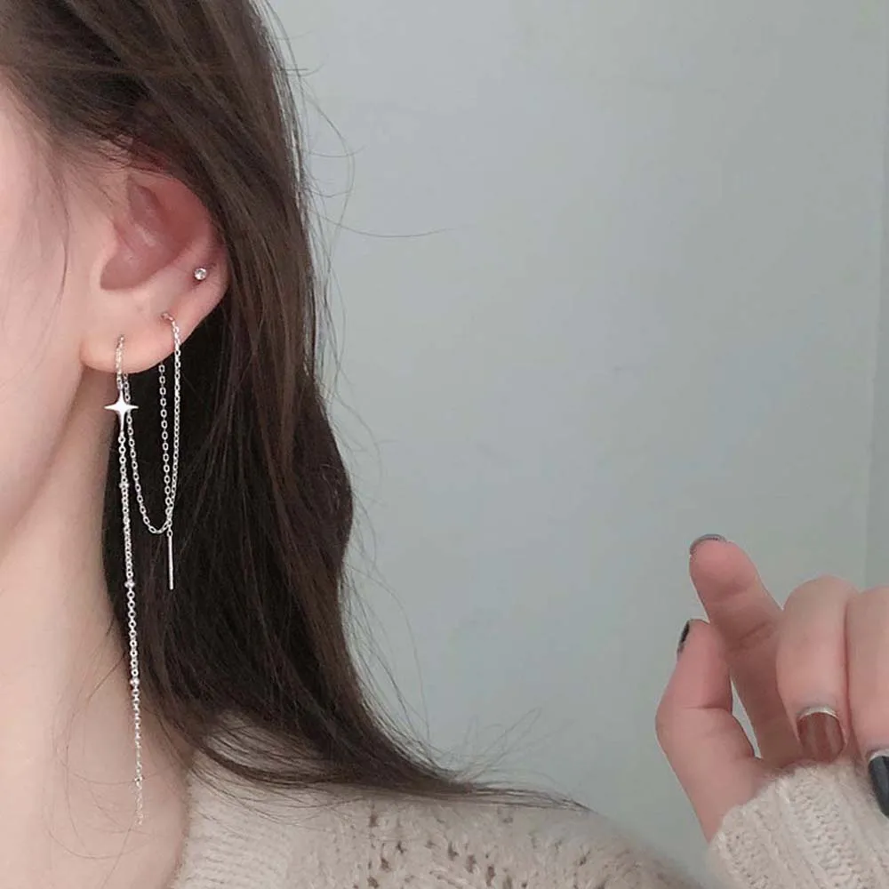 Серьга с перекрестной звездой для женщин длинная цепь в японском и корейском