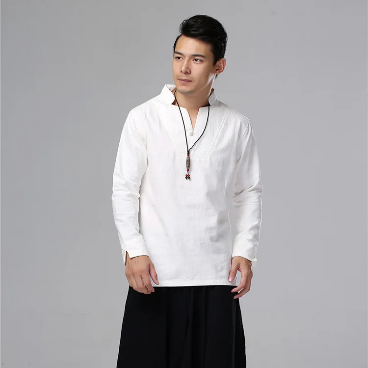 

Chinese-style Men'S Wear New Chinese Style Flax Solid Color Spring And Autumn Tops Loose-Fit V-neck Long Sleeve Casual MEN'S T-s