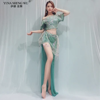 

Belly Dance Suit Top+Skirt 2pcs Clothes Beaded Off Shoulder Practice Costume Belly Dance Performance Clothes Training Wear New