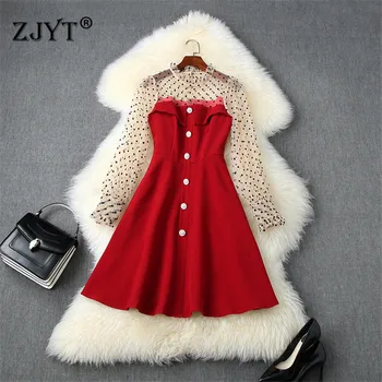 

Autumn Clothes Women 2020 New Fashion Designers Long Sleeve Polka Dot Mesh Patchwork Transparent Sexy Party Dresses