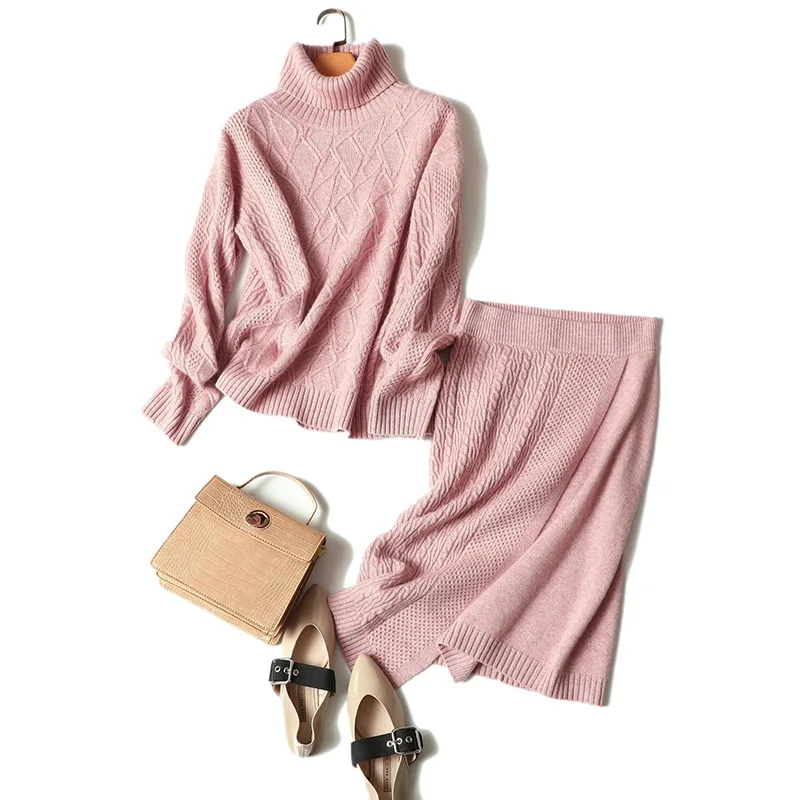 Зимний стильный высококачественный кашемировый шерстяной Женский комплект, вязаный свитер+ эластичная Теплая юбка - Цвет: Pink