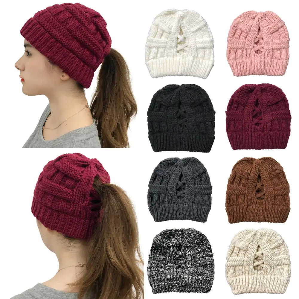 

New Ponytail Beanie Women Stretch Knitted Crochet Beanies Winter Hats For Women Hats Cap Warm Lady Messy Bun dropshipping