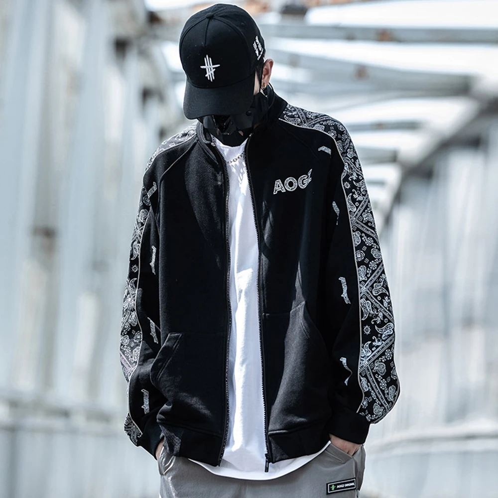 

AOGZ Streetwear Bandanna Pattern Zipper Cardigan Jacket Coat Men Fashion Hip Hop Casual Autumn Jacket Cotton Zip Up Outerwear