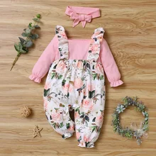 Baby Clothes Spring Fall Baby Girl Rompers Flower Print Patchwork Long Sleeve Baby Rompers+headband 2pcs Baby Playsuits 0-18M