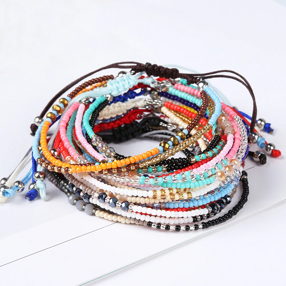 

Bohemian Handwoven Multi-layer Colorful Weave Round Beaded Bracelet Retro Rice Adjustable Rope Ethnic Bangles Wholesale Bracelet