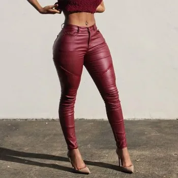 

Pleated PU Pants New Female Spring Autumn Sexy Women Casual Female Black Red Trouser High Waist Pant Fashion Skinny Pencil Pants