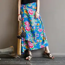 Оригинальная Женская юбка из хлопка в стиле ампир с цветочным принтом, асимметричная, в китайском стиле, длина по щиколотку, традиционная китайская одежда для женщин