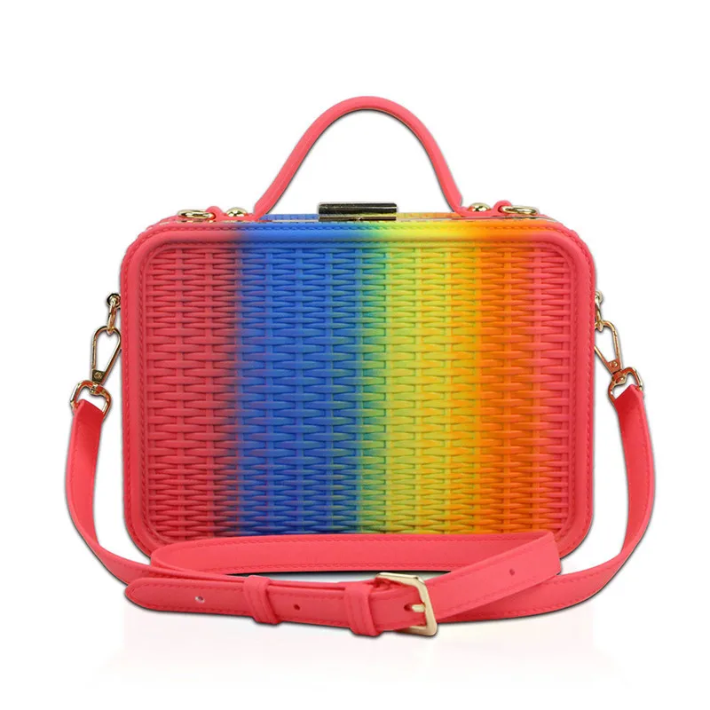 

Jelly Bag Color Matte Matte PVC Handbags Fashion Woven Pattern Jelly Small Suitcase Painted Handbag Rainbow Color Shoulder Bags